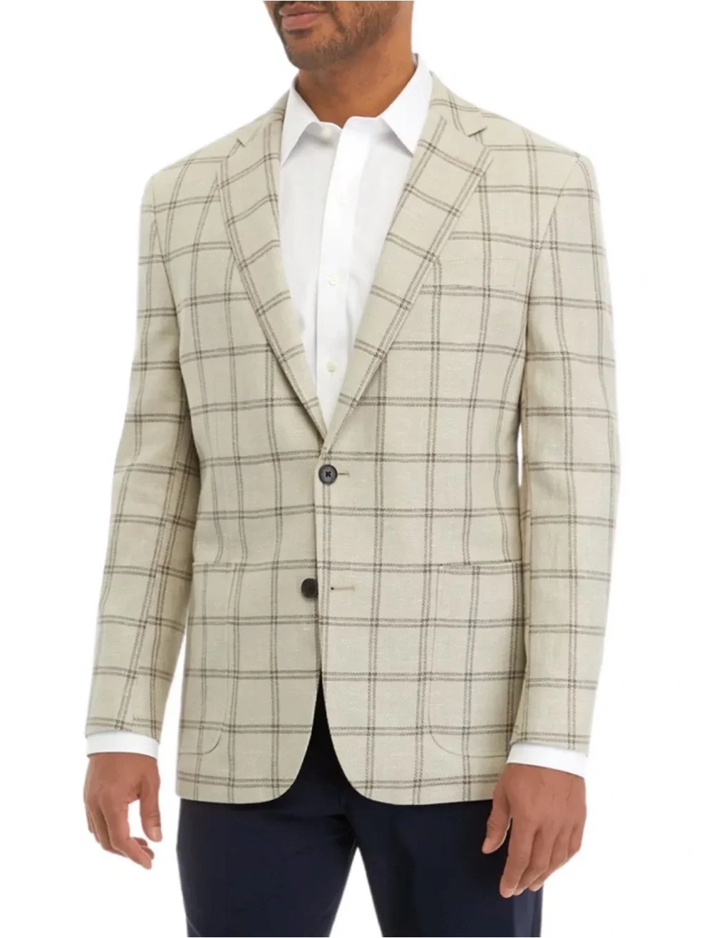 B by Brooks Brothers Men's Beige Windowpane Cotton Linen Classic Fit Sport Coat